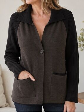 Coldwater Creek Wool Blend Cardigan Sweater XL Brown Shawl Collar Coastal Grandm